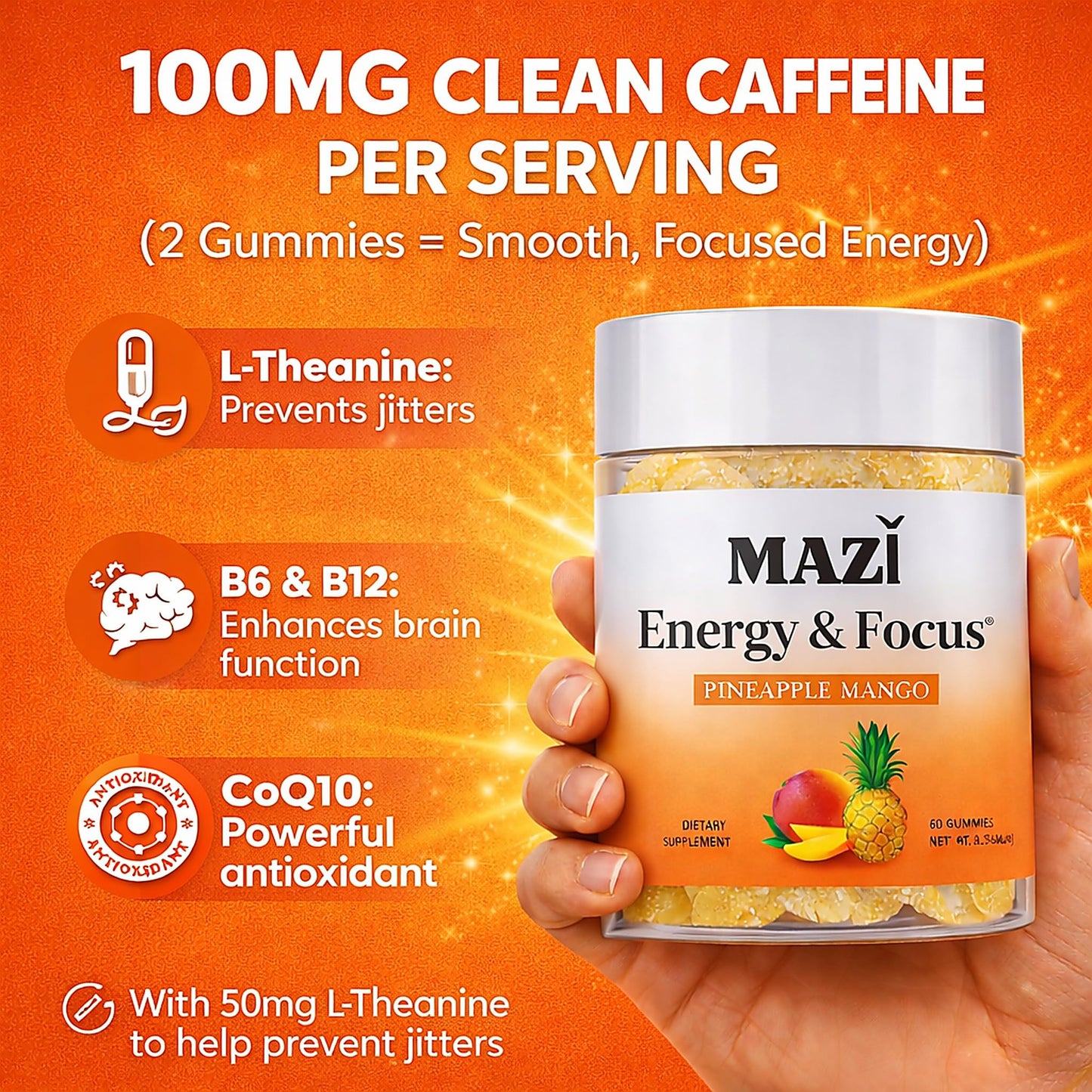 Energy & Focus Gummies | 100mg Natural Caffeine + L-Theanine + Vitamin B6 & B12 + CoQ10 | Nootropic Cognitive Brain Performance Supplement | No Crash or Jitters - Maple Wellness Supplements