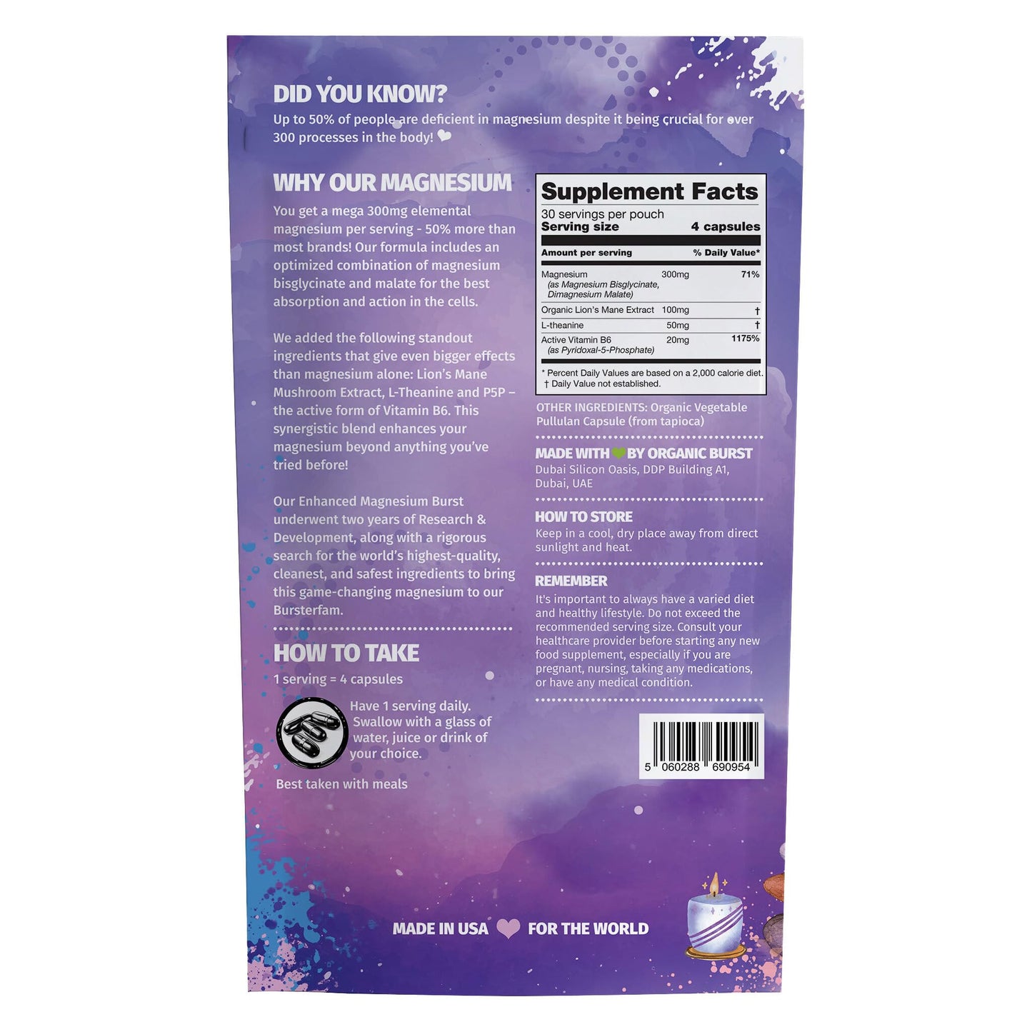 Enhanced Magnesium (Capsules) | Precise 300mg per Serving | Enhancement Blend: Organic Lion's Mane Extract, L-theanine, Active Vitamin B6 | 120 Capsules - by Organic Burst - Maple Wellness Supplements