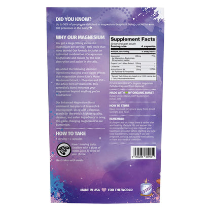 Enhanced Magnesium (Capsules) | Precise 300mg per Serving | Enhancement Blend: Organic Lion's Mane Extract, L-theanine, Active Vitamin B6 | 120 Capsules - by Organic Burst - Maple Wellness Supplements