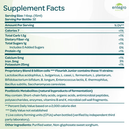 ENTEGRO Flourish Junior Liquid Probiotic & Postbiotic Supplement - Glass | 11 Live Cultures | Gut & Digestive Health for Women, Men & Kids | Organic, Vegan, Allergen Free | USA Made | 16 fl oz - Maple Wellness Supplements