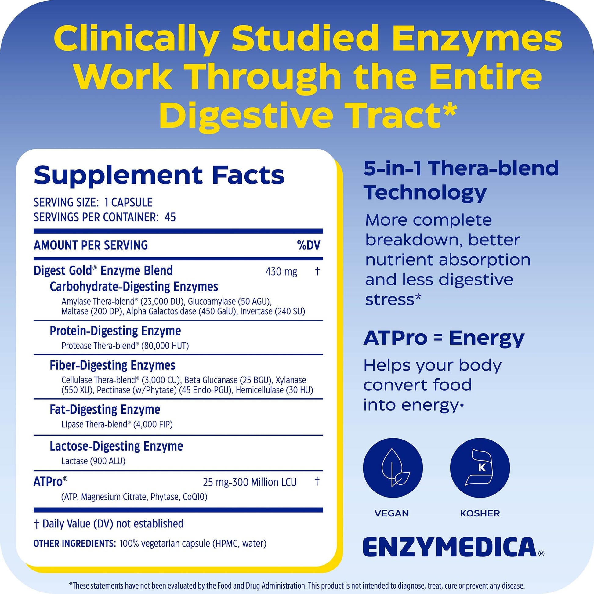 Enzymedica, Digest Gold + ATPro, Maximum Strength Enzymes, 45 Capsules - Maple Wellness Supplements