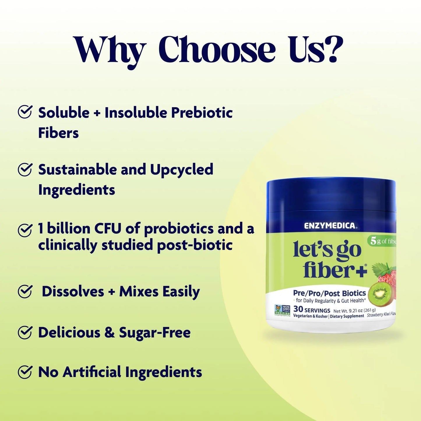 Enzymedica, Let’s Go Fiber+ Strawberry & Kiwi, Prebiotics & Probiotics, Postbiotic, Soluble Fiber for Gut Health, Regularity, Powder for Men & Women, Sugar-Free, 30 Servings - Maple Wellness Supplements