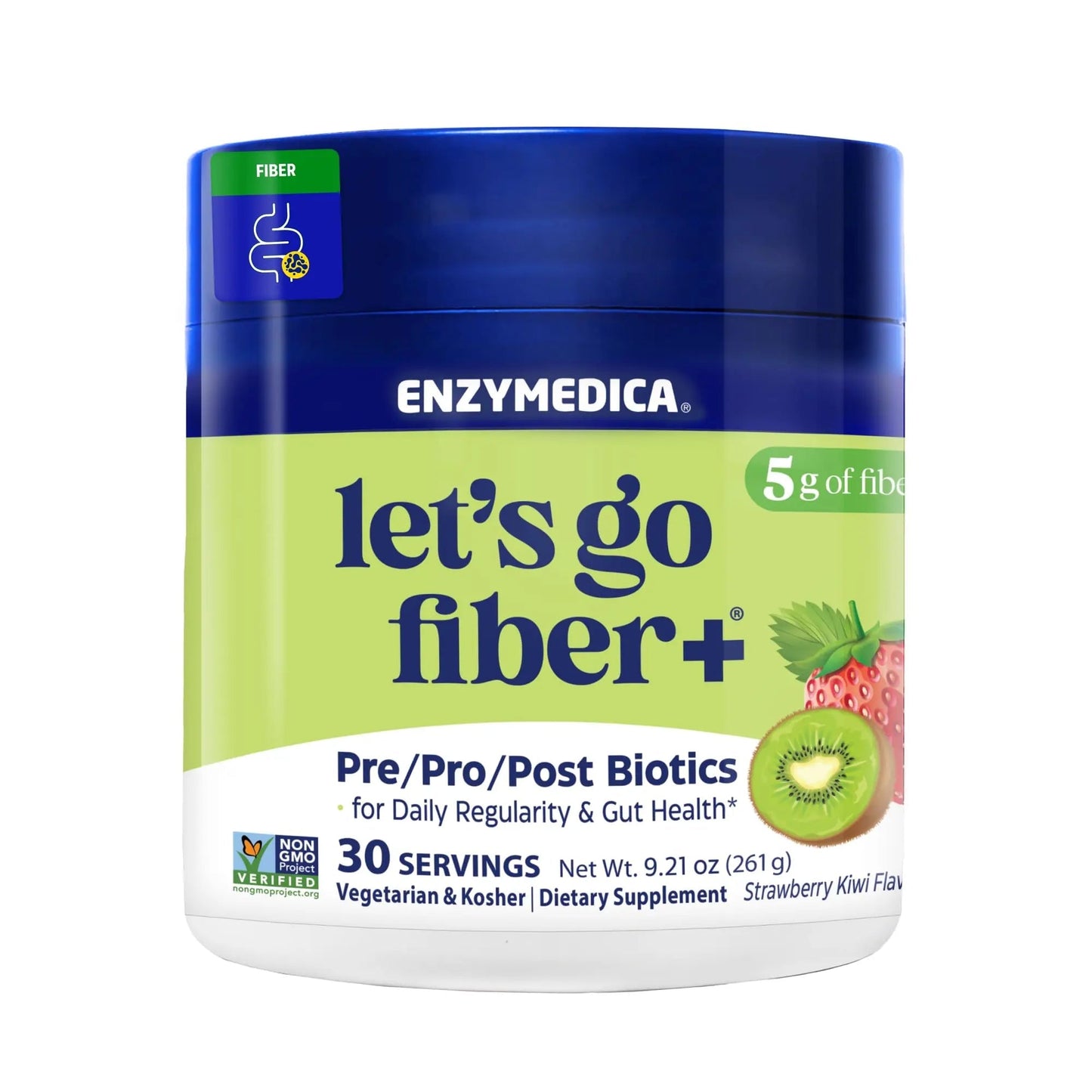 Enzymedica, Let’s Go Fiber+ Strawberry & Kiwi, Prebiotics & Probiotics, Postbiotic, Soluble Fiber for Gut Health, Regularity, Powder for Men & Women, Sugar-Free, 30 Servings - Maple Wellness Supplements