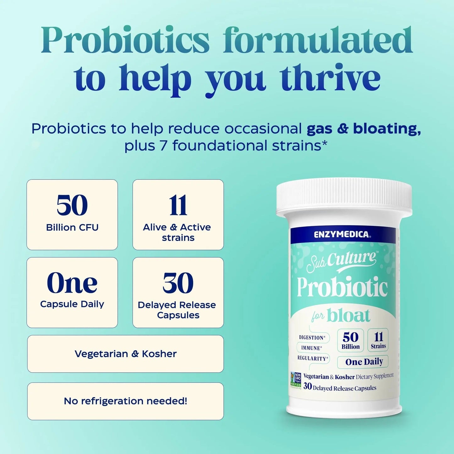 Enzymedica SubCulture Probiotics for Gas & Bloating, 50 Billion CFU, Supports Immune & Digestive Health, Regularity & Gut Flora, 30 Count - Maple Wellness Supplements