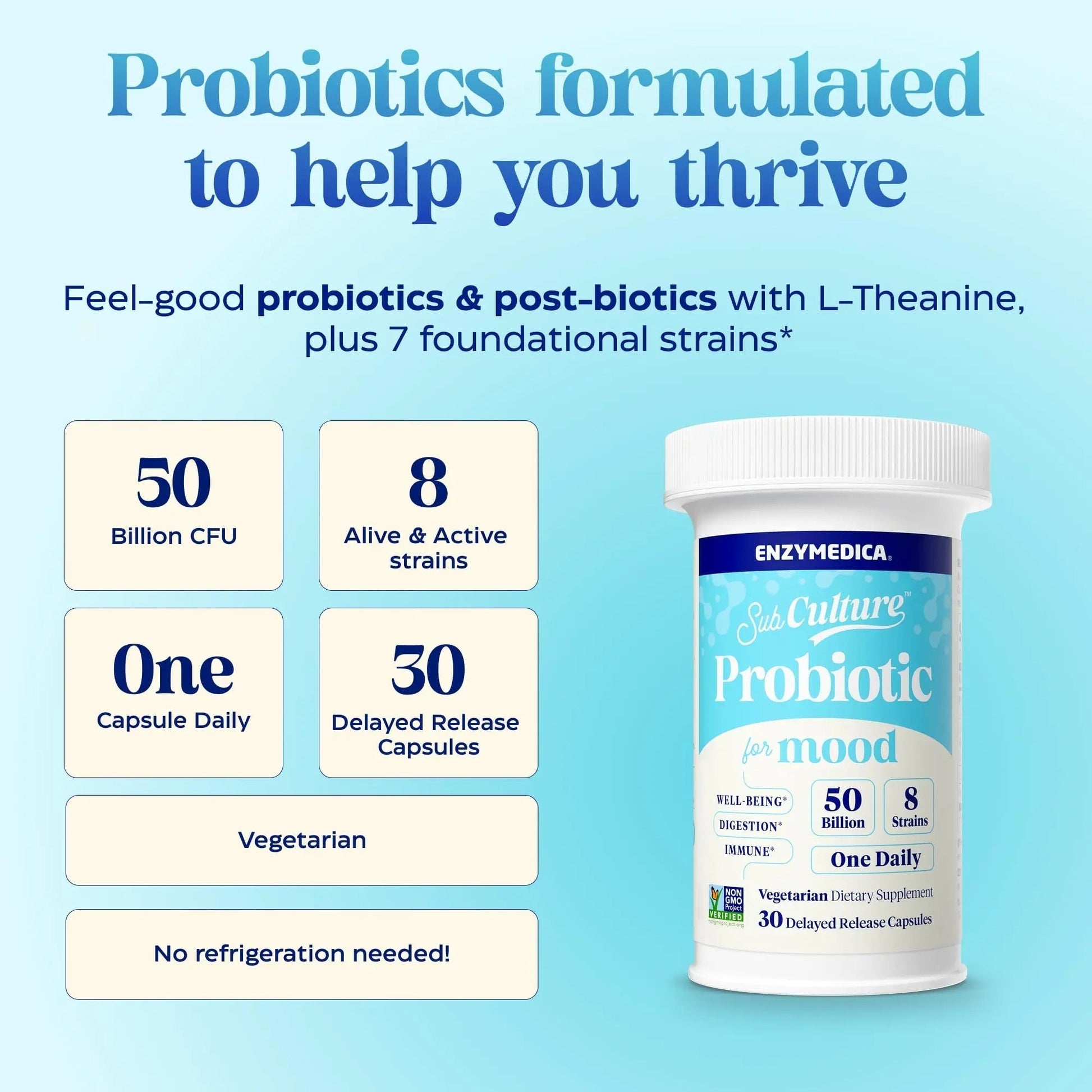 Enzymedica SubCulture Probiotics for Mood, Stress, & Sleep, 50 Billion CFU, Promotes Relaxation, Immune + Digestive Health & Regularity, 30 Count - Maple Wellness Supplements