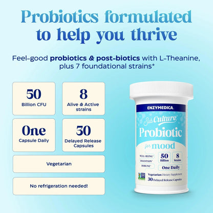 Enzymedica SubCulture Probiotics for Mood, Stress, & Sleep, 50 Billion CFU, Promotes Relaxation, Immune + Digestive Health & Regularity, 30 Count - Maple Wellness Supplements