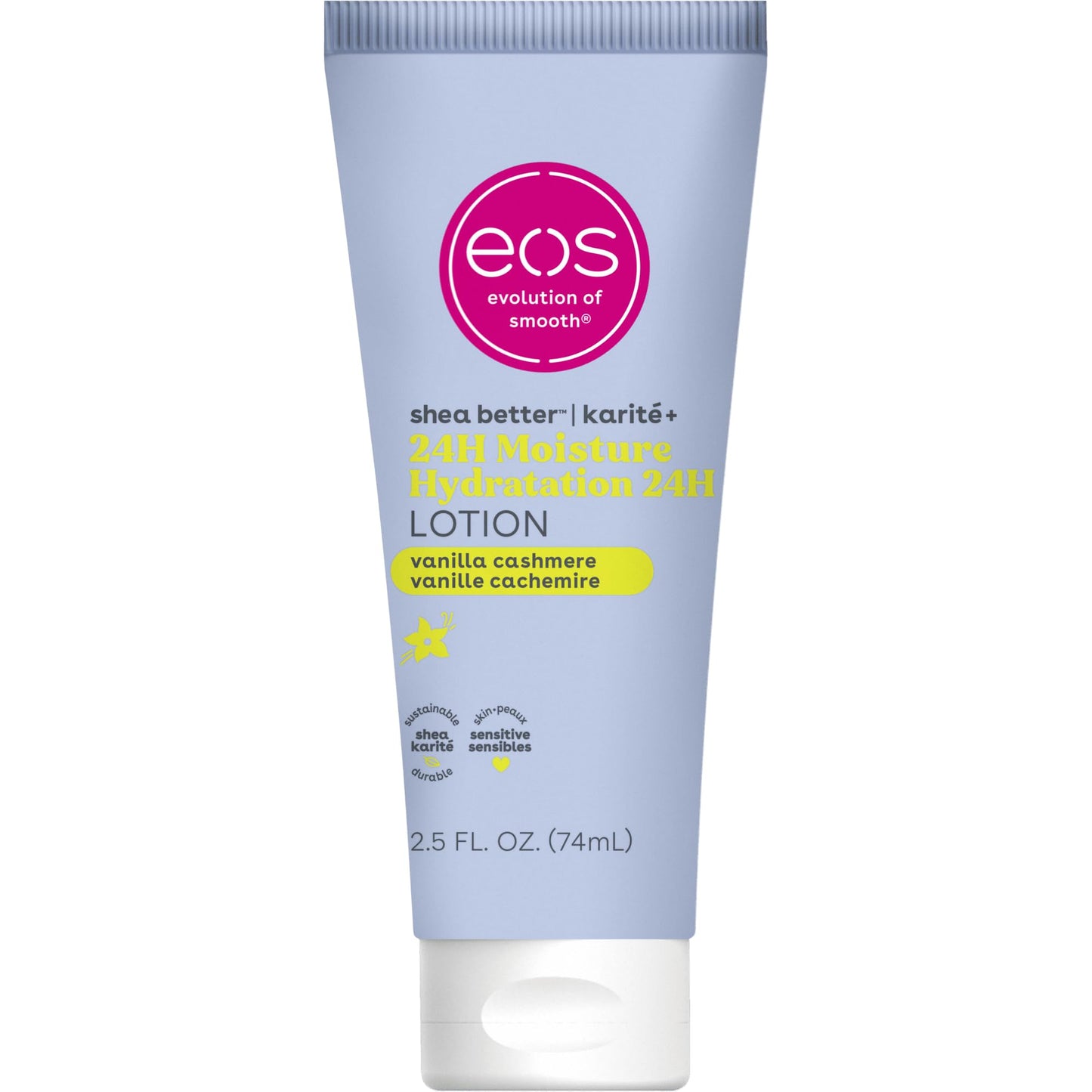 eos 24H Moisture Travel Body Lotion- Vanilla Cashmere, Travel Size Essential, Toiletries, Mini Body Lotion For Dry Skin, 2.5 fl oz - Maple Wellness Supplements