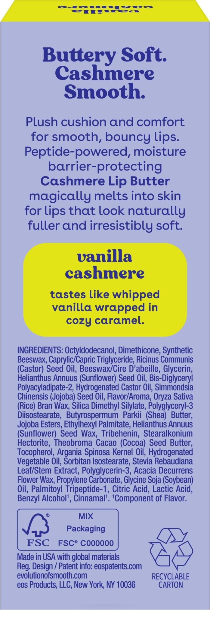 eos Cashmere Lip Butter - Vanilla Cashmere, Plumping Peptides, Smoothing, eos Lip Butter - Maple Wellness Supplements