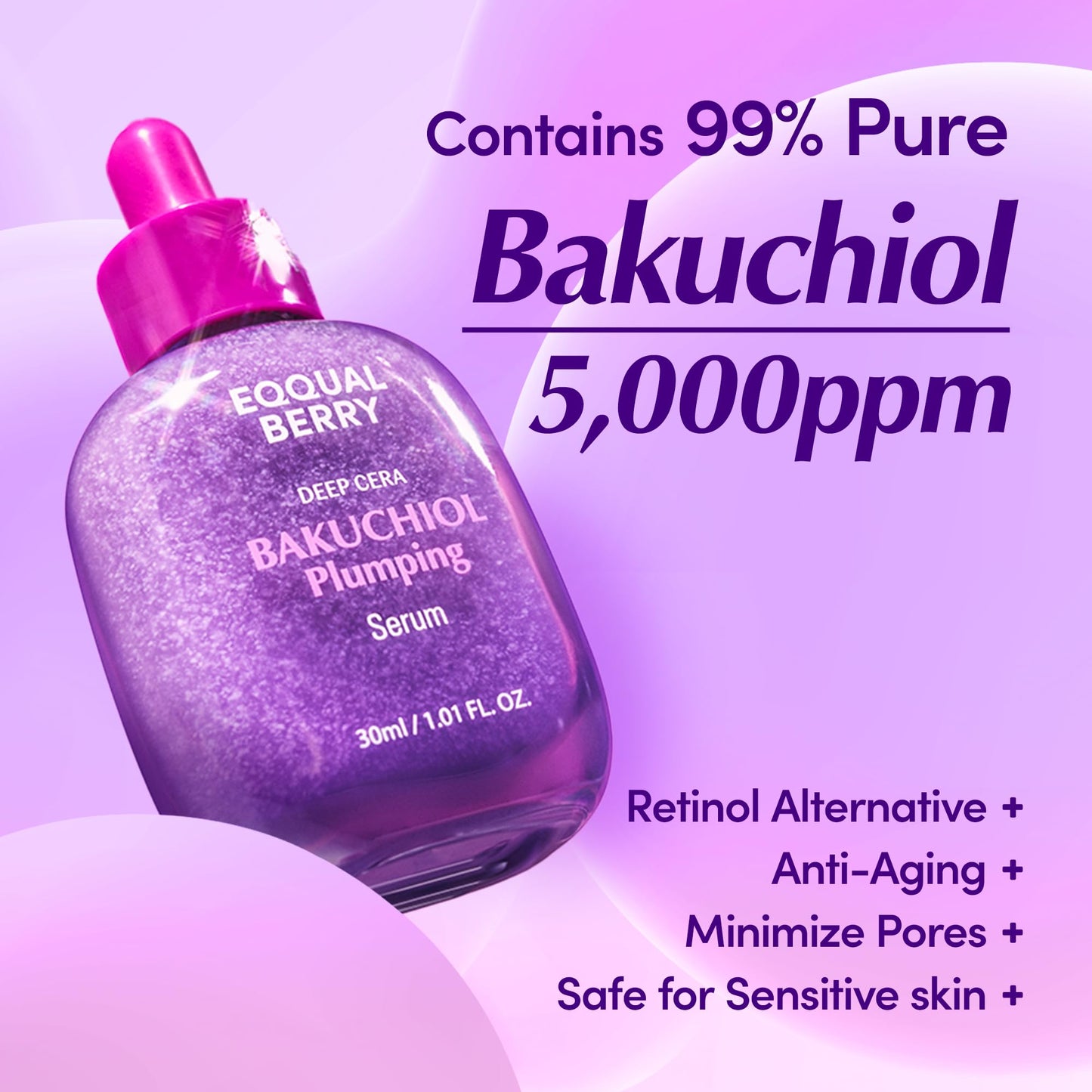 EQQUALBERRY Bakuchiol Plumping Face Serum - Retinol Natural Alternative for Sensitive Skin, with Niacinamide & Hyaluronic Acid - Maple Wellness Supplements