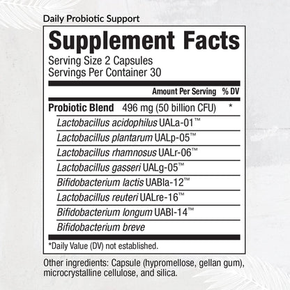 Equilife Daily Probiotic Support, 50 Billion CFU, 8 Probiotic Strains, Digestive and Gut Health Supplement for Men and Women, Gluten Free, Soy and Dairy Free - Maple Wellness Supplements
