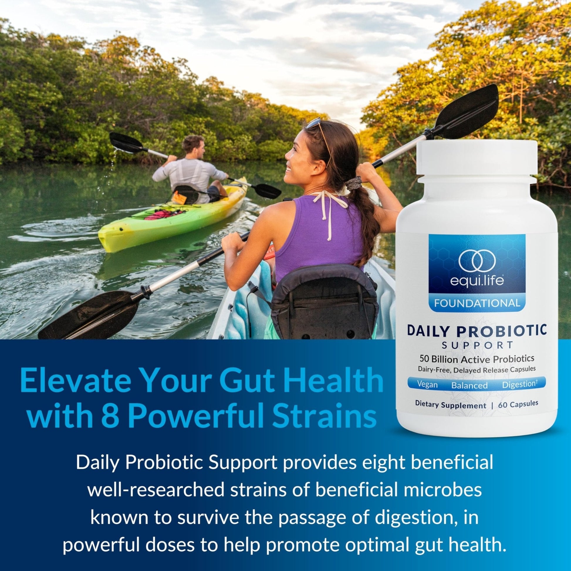 Equilife Daily Probiotic Support, 50 Billion CFU, 8 Probiotic Strains, Digestive and Gut Health Supplement for Men and Women, Gluten Free, Soy and Dairy Free - Maple Wellness Supplements