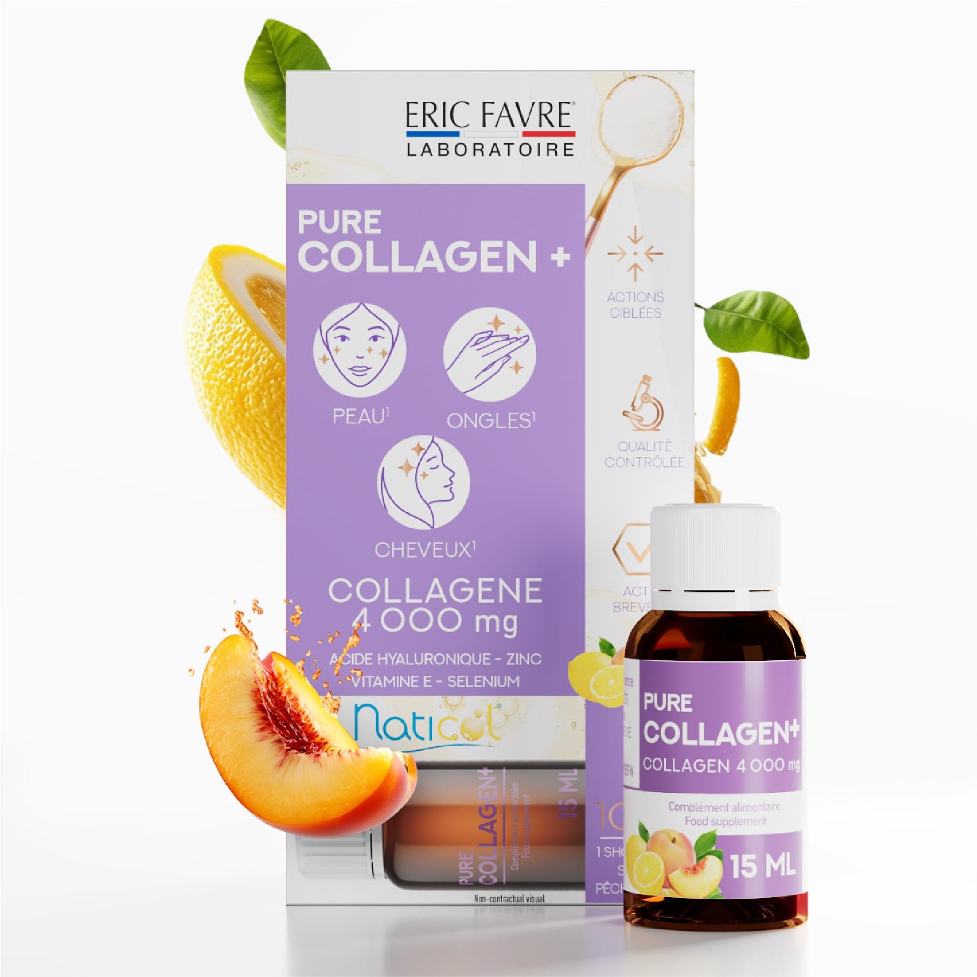 ERIC FAVRE Pure Collagen+ Liquid Collagen for Women – 4000mg Marine Peptides for Radiant Skin, Hair & Nail Health – Hyaluronic Acid, Vitamin E – 10 Shots, Peach Lemon Flavor - Maple Wellness Supplements