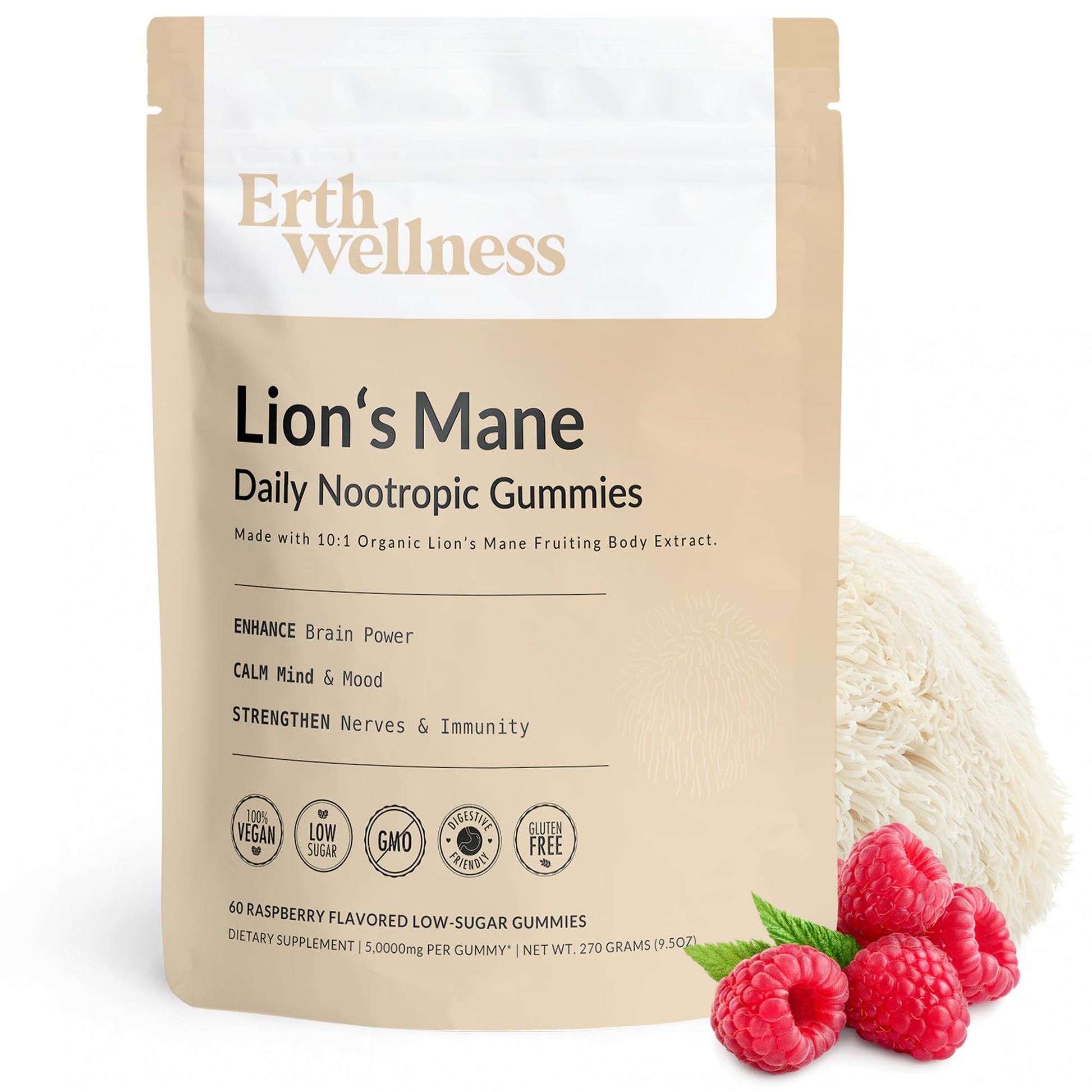 Erth Wellness Lion’s Mane Mushroom Gummies – 10,000mg Fruiting Body Extract per Serving – Brain & Focus Support – Daily Nootropic – Vegan, Low Sugar, Non-GMO – 60 Ct - Maple Wellness Supplements