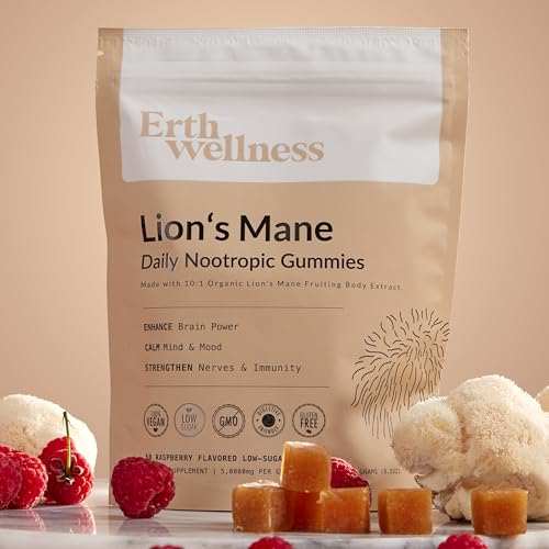 Erth Wellness Lion’s Mane Mushroom Gummies – 10,000mg Fruiting Body Extract per Serving – Brain & Focus Support – Daily Nootropic – Vegan, Low Sugar, Non-GMO – 60 Ct - Maple Wellness Supplements
