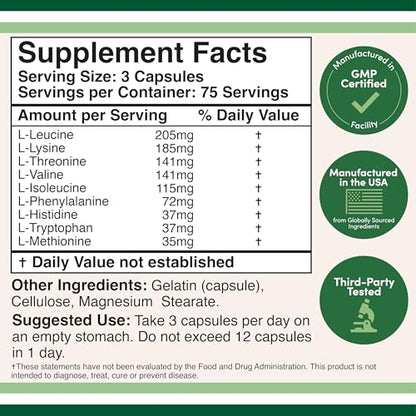 Essential Amino Acids - 1 Gram Per Serving Powder Blend of All 9 Essential Aminos (EAA) and All Branched-Chain Aminos (BCAAs) (Leucine, Isoleucine, Valine) 225 Capsules - Maple Wellness Supplements