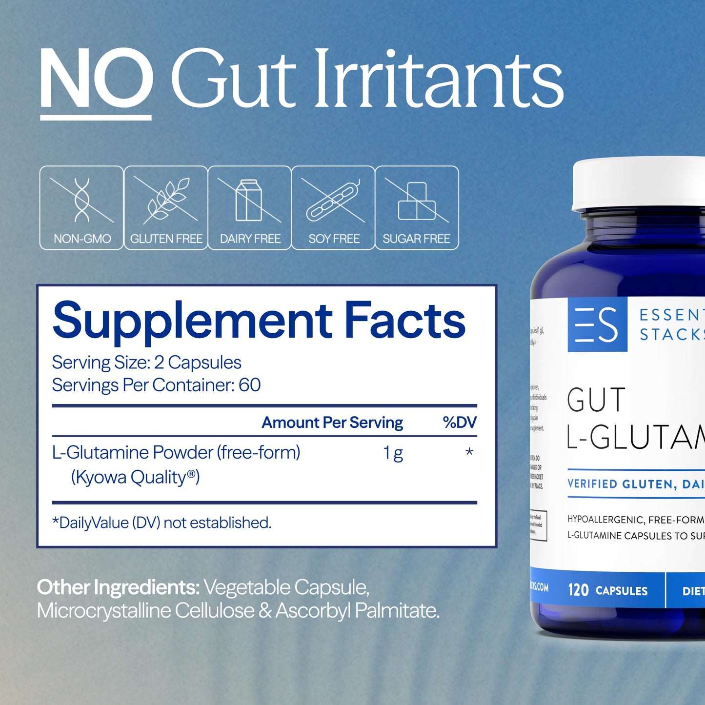 Essential Stacks Gut L-Glutamine Capsules 1000mg (Made in USA) - Gluten, Dairy & Soy Free, Non-GMO L Glutamine for Gut Health - 60 Serves (120 Caps) - Maple Wellness Supplements