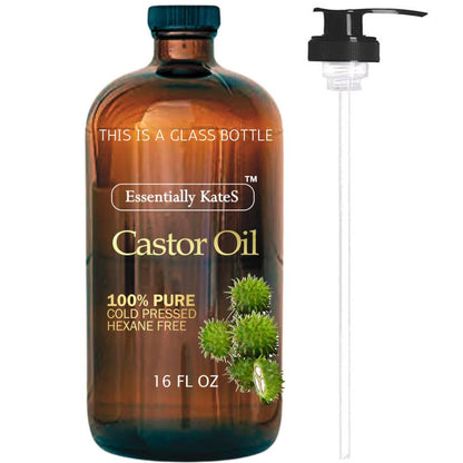 Essentially KateS Castor Oil 16 Fl Oz (Glass Bottle) - Original - A Huge Glass Bottle with a Pump - 100% Pure and Natural - Maple Wellness Supplements