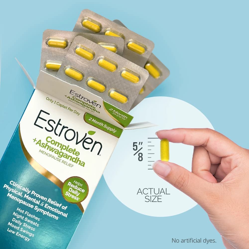 Estroven Complete + Ashwagandha Multi-Symptom Menopause Supplement for Women - 60 Ct. - Clinically Proven Ingredients Provide Menopause Relief & Night Sweats + Hot Flash Relief* - Drug-Free & Non-GMO - Maple Wellness Supplements