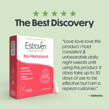 Estroven Pre-Menopause Relief, 30 Ct., Clinically Proven Ingredients, Provides Menopause Relief plus Night Sweats & Hot Flash Relief, Drug-Free or Estrogen Free - Maple Wellness Supplements