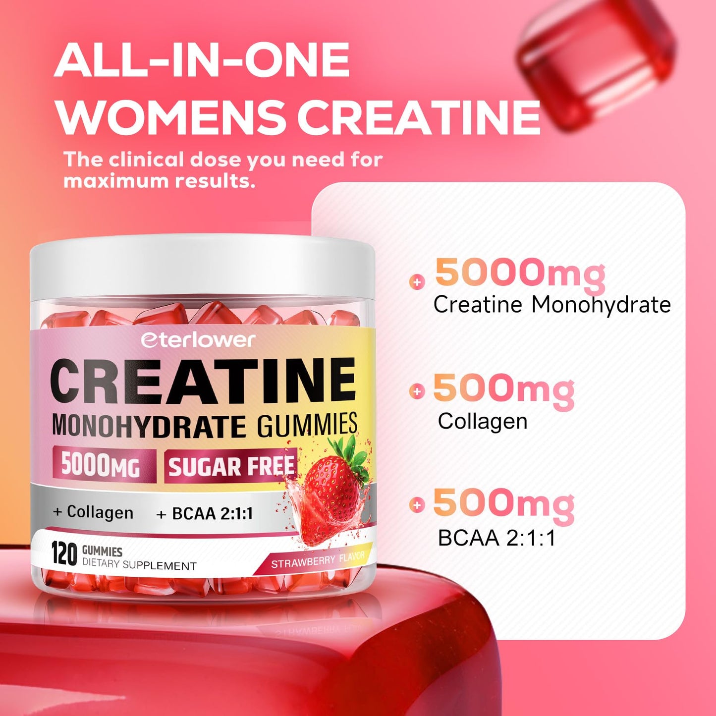 eterlower Creatine Monohydrate Gummies, 5g Creatine Gummies for Women & Men.Pre-Workout & Muscle Growth Support, - Maple Wellness Supplements