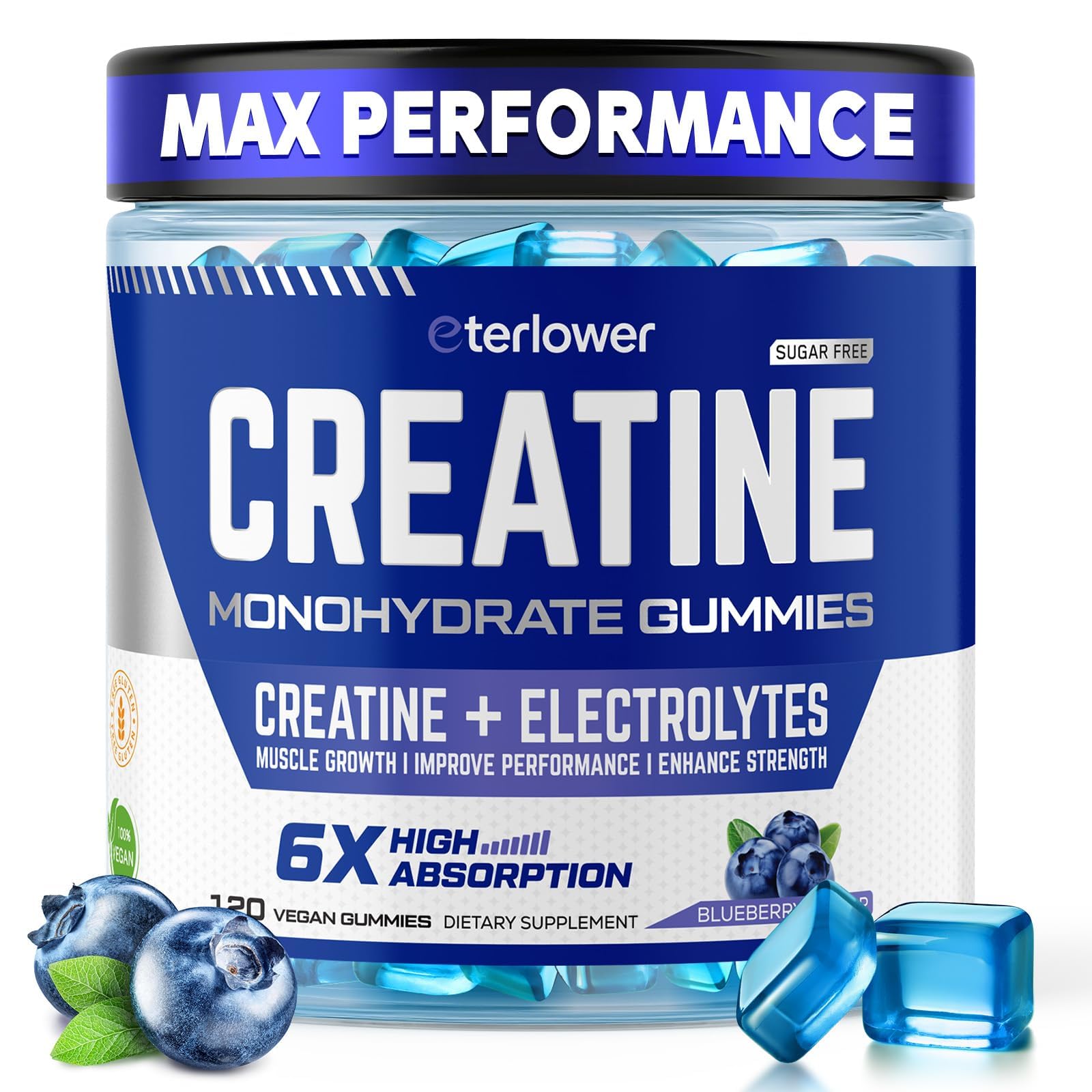 eterlower Creatine Monohydrate Gummies 5g – Pre-Workout Energy & Muscle Growth Support for Men & Women | Blueberry Electrolyte Gummies, 120 Count - Maple Wellness Supplements