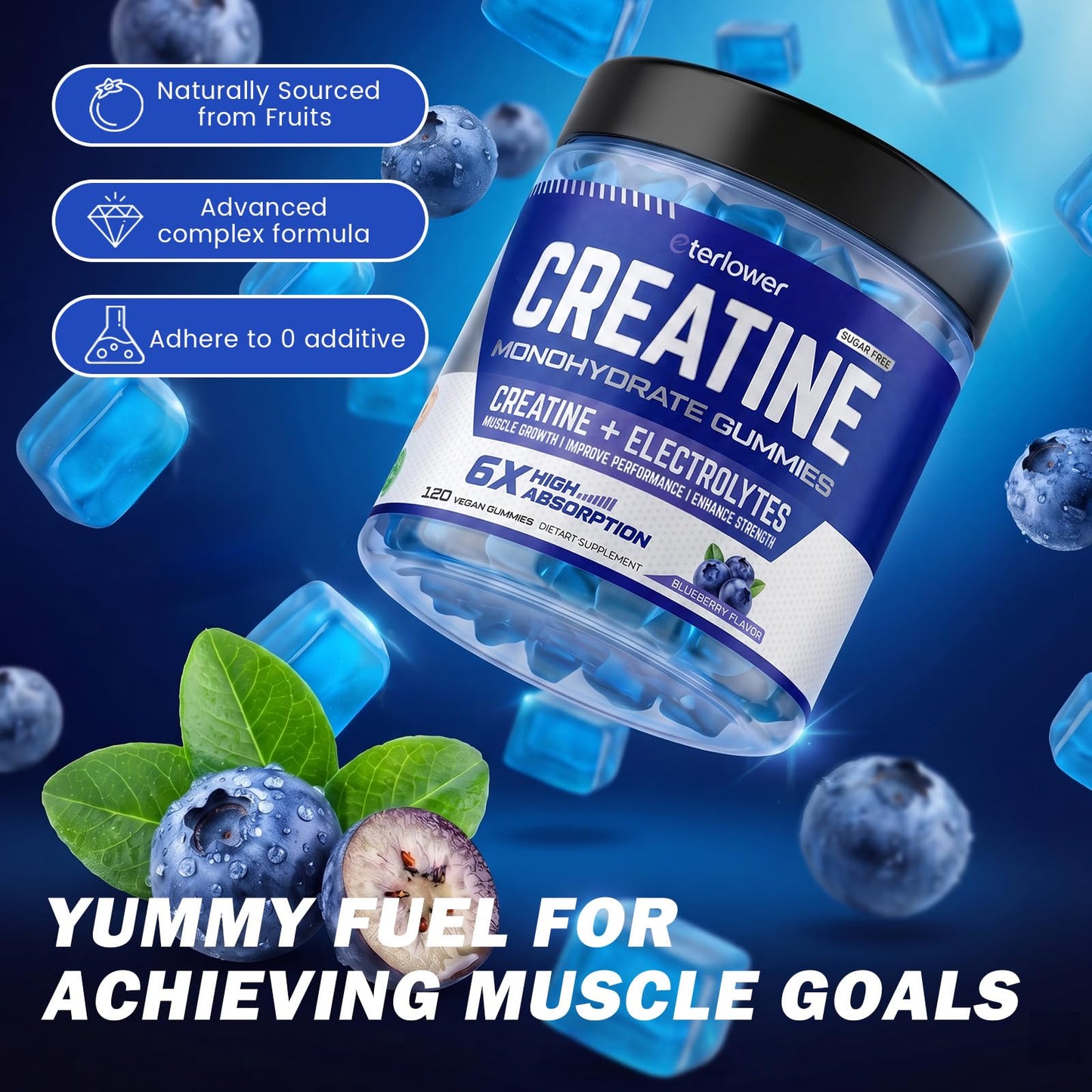 eterlower Creatine Monohydrate Gummies 5g – Pre-Workout Energy & Muscle Growth Support for Men & Women | Blueberry Electrolyte Gummies, 120 Count - Maple Wellness Supplements
