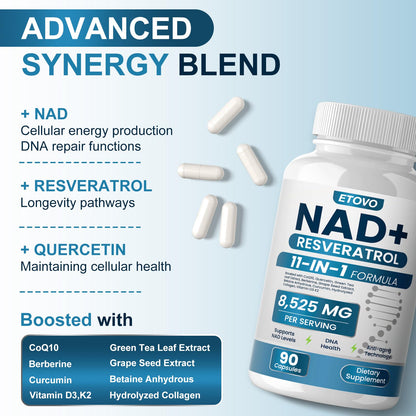 ETOVO NAD+ Supplement, 8525 mg Liposomal NAD Resveratrol Supplement for Women and Men with Coptisine Quercetin Curcumin Supports Cellular Health, Energy & Healthy Anti-Aging 180 Counts - Maple Wellness Supplements