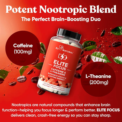 Eu Natural Elite Caffeine Pills with L-Theanine - 100mg Caffeine + 200mg L-Theanine - Jitter-Free Focused Energy & Clean Nootropic Stack - 240 Soft Capsules - Maple Wellness Supplements