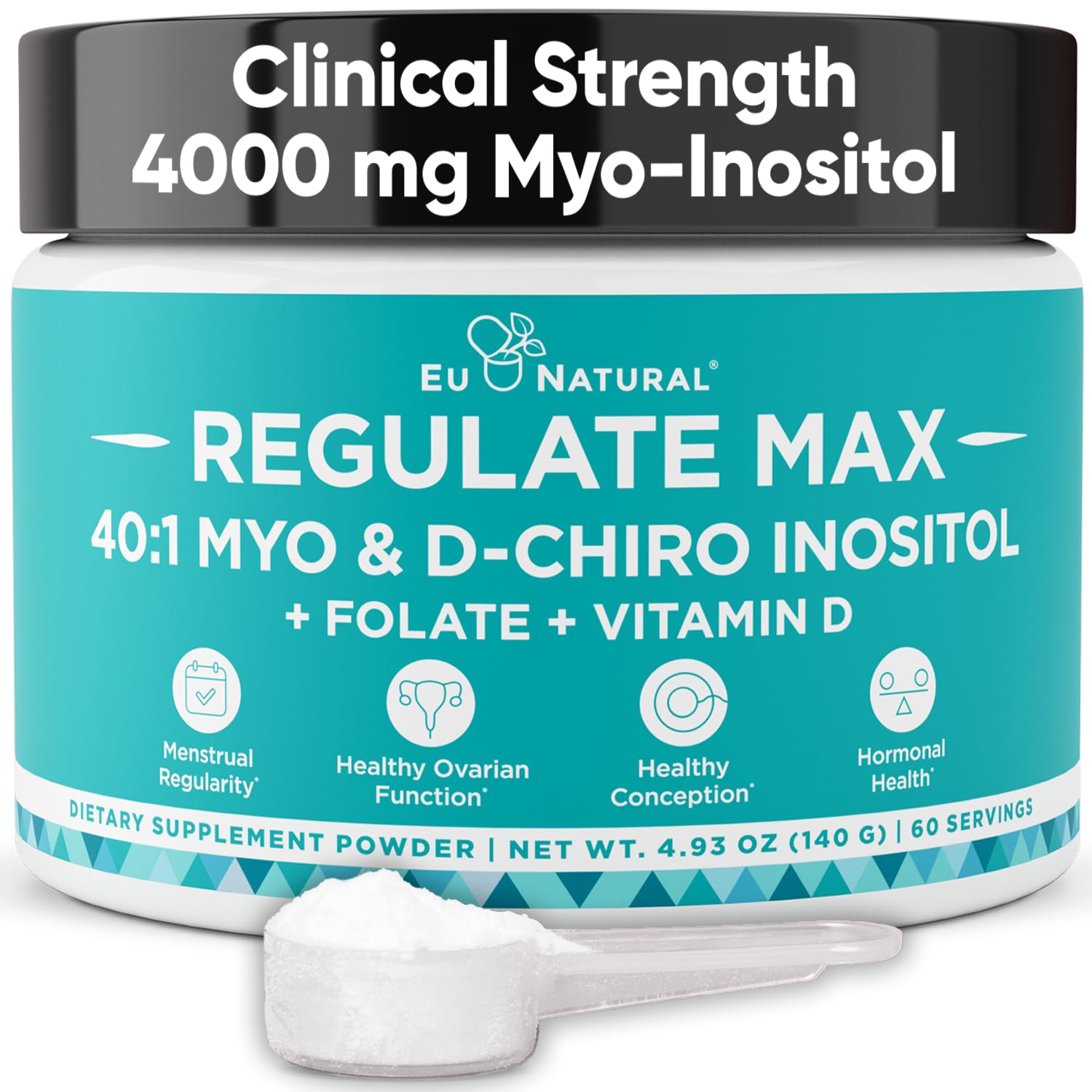 Eu Natural Regulate MAX Myo-Inositol & D-Chiro Inositol Supplement Powder for Women with Vitamin D & Folate Nutritional Support, Hormone Balance & Fertility Support, Unflavored 60 Servings - Maple Wellness Supplements