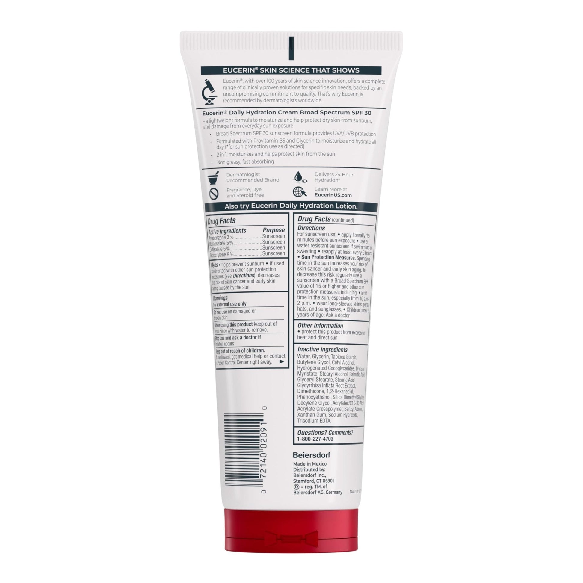 Eucerin Daily Hydration Broad Spectrum SPF 30 Sunscreen Body Cream for Dry Skin, Fragrance Free Sunscreen Moisturizer, 8 Oz Tube - Maple Wellness Supplements