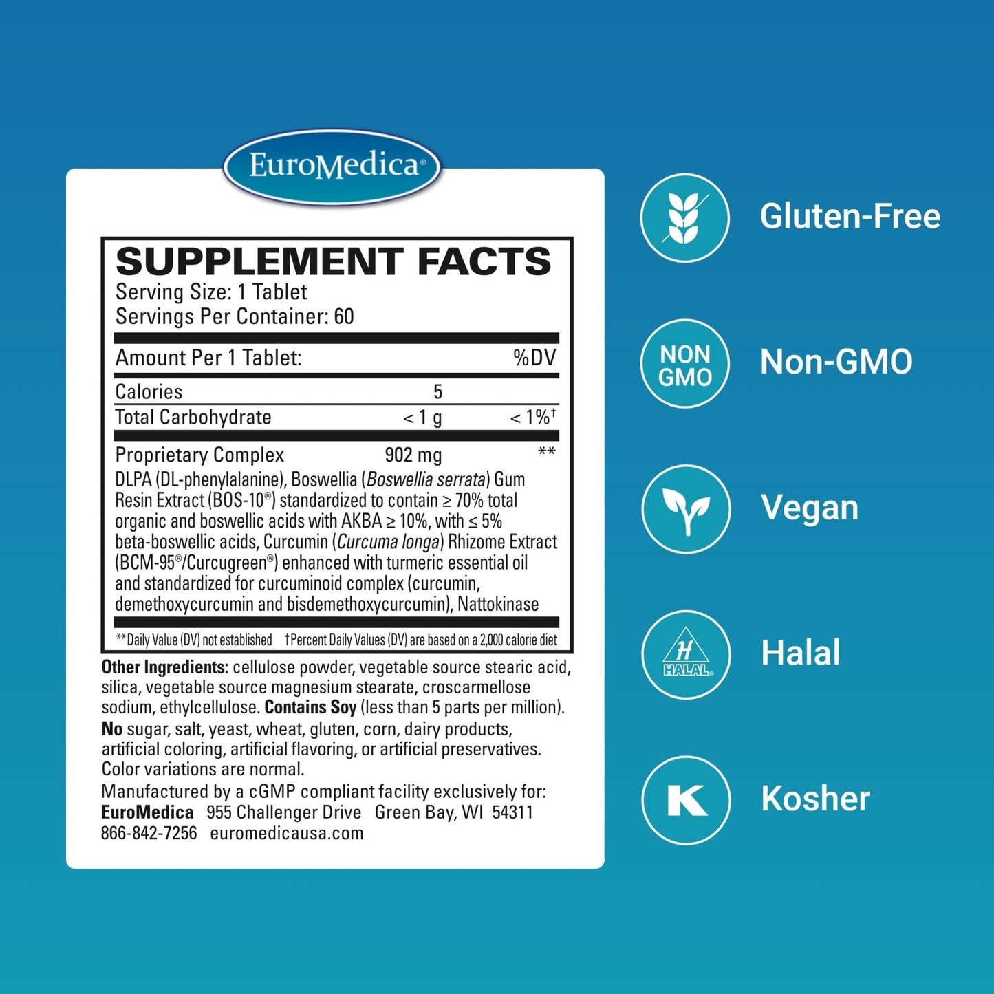 EuroMedica Curaphen Extra Strength - Curcumin & Boswellia Supplement for Healthy Circulation Support - Turmeric Supplement to Support Joints, Muscle Health & Endorphin Production - 60 Tablets - Maple Wellness Supplements