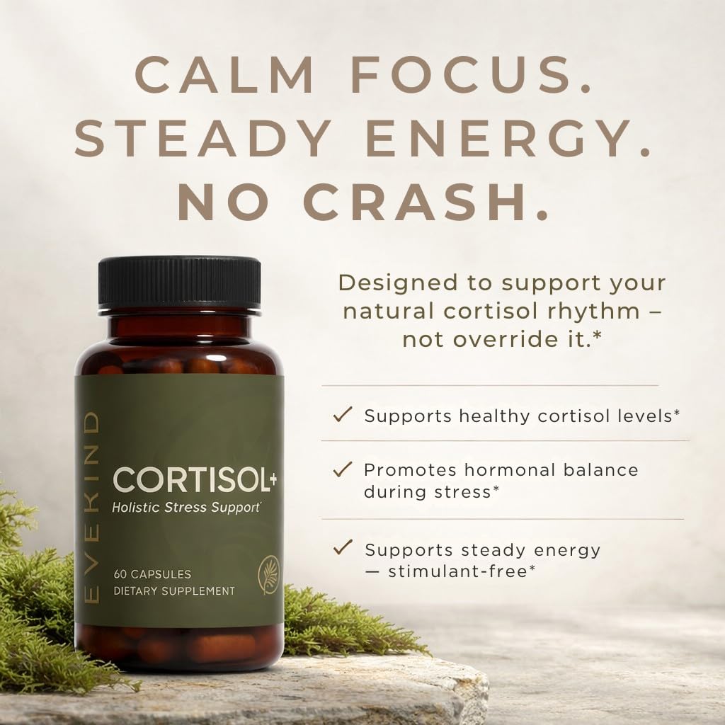 EVEKIND Cortisol Manager + Women’s Stress Relief & Hormone Balance Supplement – Adrenal Support for Mood, Focus & Energy – KSM-66® Ashwagandha, Rhodiola, L-Theanine – Vegan, Non-GMO, 60 Capsules - Maple Wellness Supplements