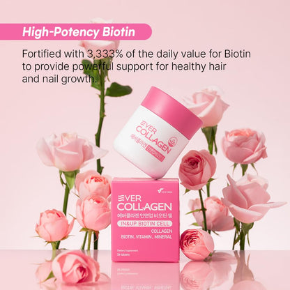 Ever Collagen in&UP Biotin Cell, Low Molecular Marine Fish Collagen Peptides Tablets with Vitamin Selenium Supplements - Healthy Skin, Hair, Nail for Women - Antioxidant Supplement - Maple Wellness Supplements