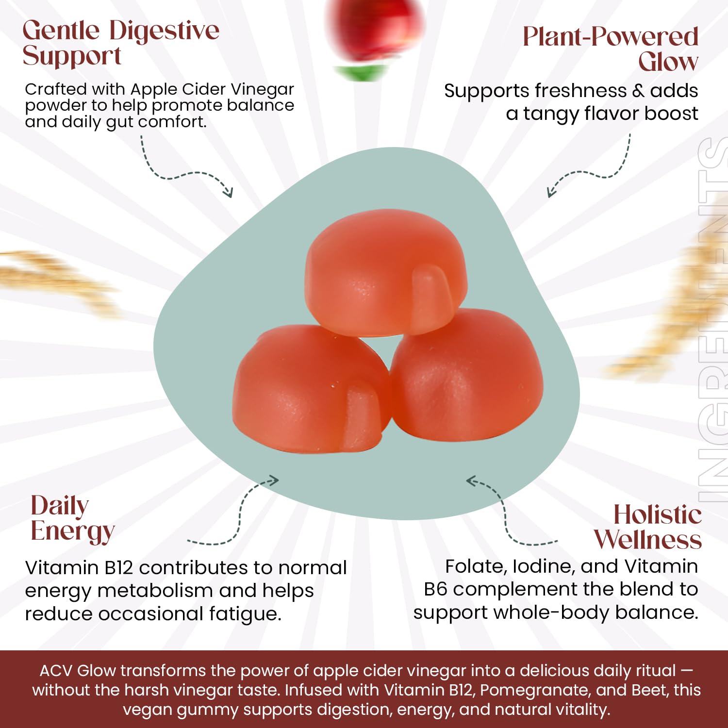 Everé ACV Glow Gummies – Apple Cider Vinegar with B12, B6, Iodine, Folate, Beetroot & Pomegranate – Daily Wellness Support for Energy & Balance - Maple Wellness Supplements