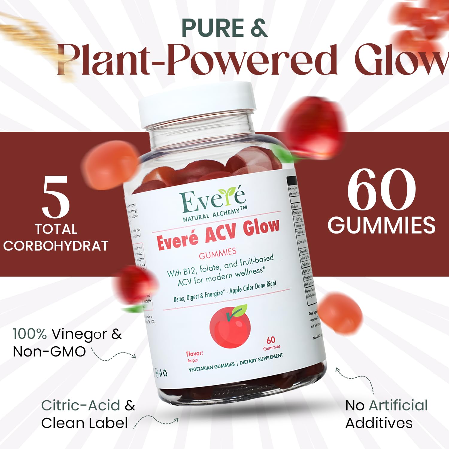 Everé ACV Glow Gummies – Apple Cider Vinegar with B12, B6, Iodine, Folate, Beetroot & Pomegranate – Daily Wellness Support for Energy & Balance - Maple Wellness Supplements