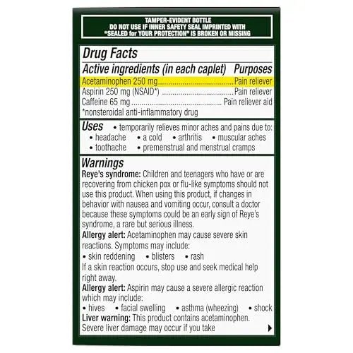 Excedrin Extra Strength Caplets for Headache Pain Relief, Acetaminophen 250mg, Aspirin 250mg, Caffeine 65mg, Pain Reliever, 24 count - Maple Wellness Supplements
