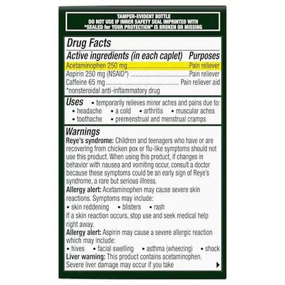 Excedrin Extra Strength Caplets for Headache Pain Relief, Acetaminophen 250mg, Aspirin 250mg, Caffeine 65mg, Pain Reliever, 24 count - Maple Wellness Supplements