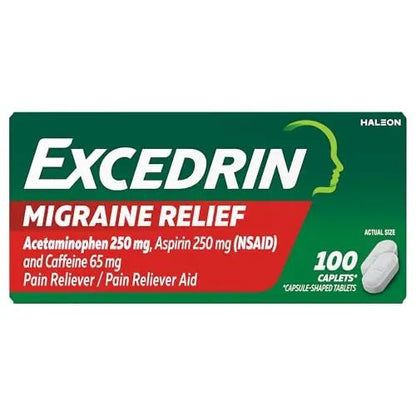 Excedrin Migraine Relief Caplets for Migraine Symptoms, Acetaminophen 250mg, Aspirin 250mg, Caffeine 65mg, Pain Reliever, 100 Count - Maple Wellness Supplements