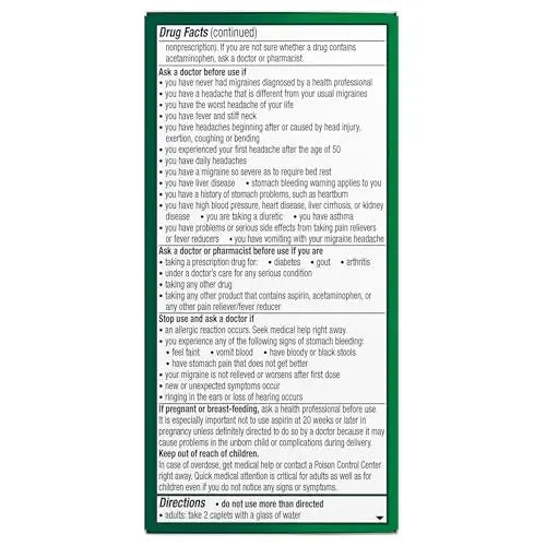 Excedrin Migraine Relief Caplets for Migraine Symptoms, Acetaminophen 250mg, Aspirin 250mg, Caffeine 65mg, Pain Reliever, 100 Count - Maple Wellness Supplements
