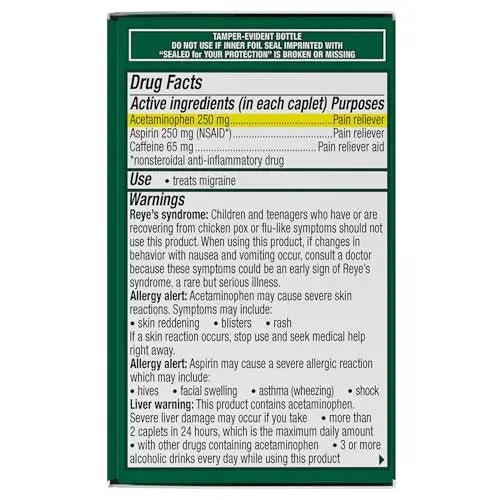 Excedrin Migraine Relief Caplets for Migraine Symptoms, Acetaminophen 250mg, Aspirin 250mg, Caffeine 65mg, Pain Reliever, 24 Count - Maple Wellness Supplements