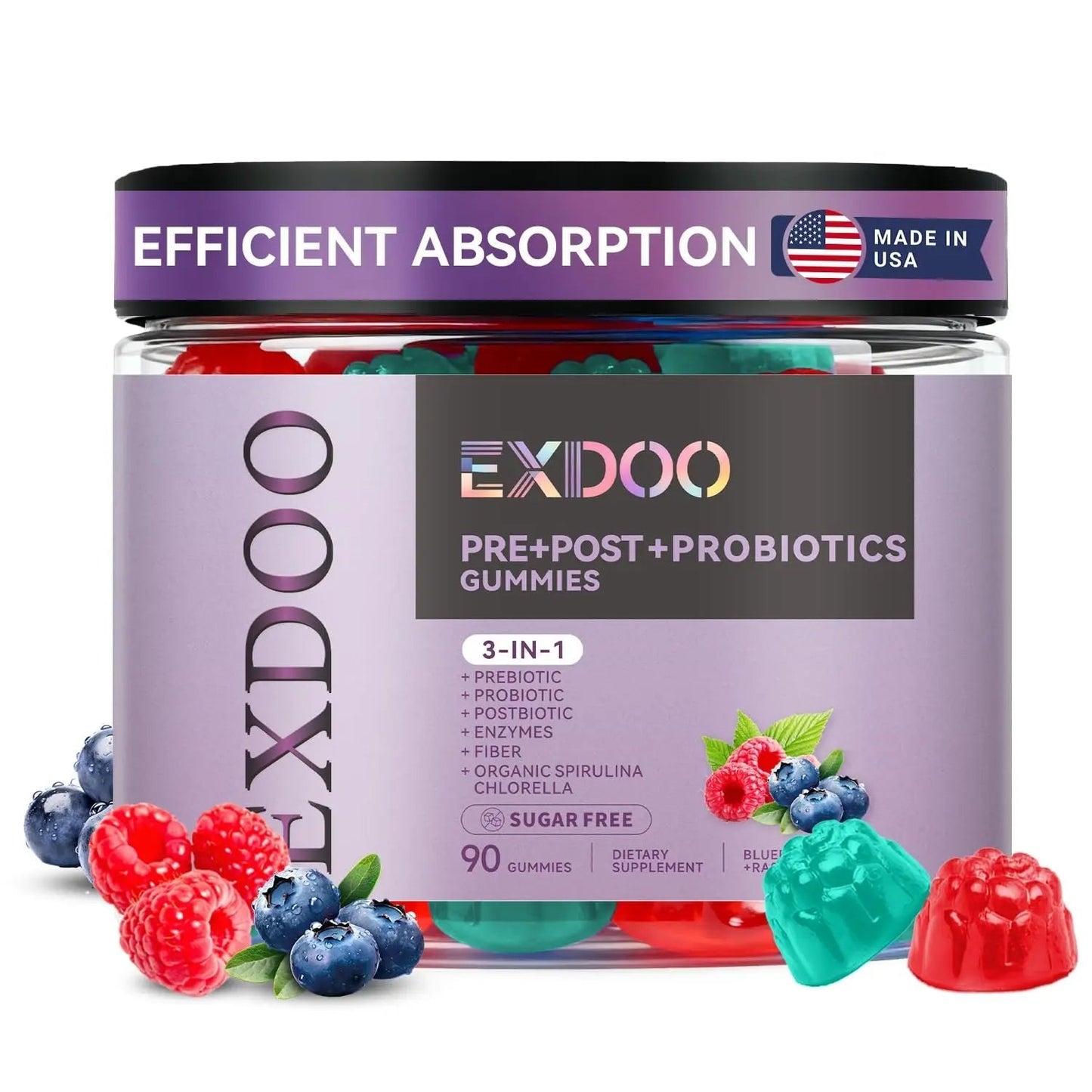 exdoo 3-in-1 Probiotic Gummies Prebiotic+Probiotic+Postbiotic with Organic Spirulina Chlorella Immune Gut & Digestive Support 90 Count - Maple Wellness Supplements