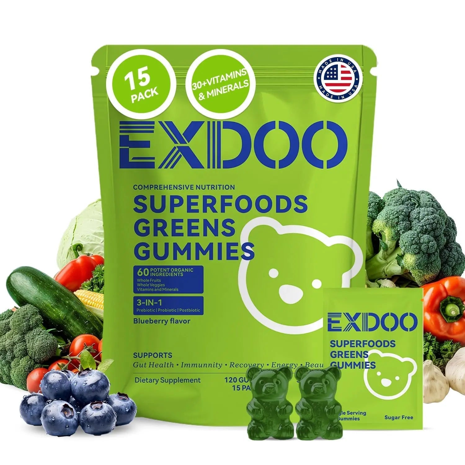 exdoo Super Greens Fiber Gummies Multivitamin Superfood Gummy with Spirulina Chlorella Prebiotic Probiotic Postbiotic for Digestive Health Supplement 15 Packs 120 Gummies - Maple Wellness Supplements