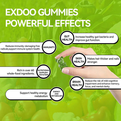exdoo Super Greens Fiber Gummies Multivitamin Superfood Gummy with Spirulina Chlorella Prebiotic Probiotic Postbiotic for Digestive Health Supplement 15 Packs 120 Gummies - Maple Wellness Supplements