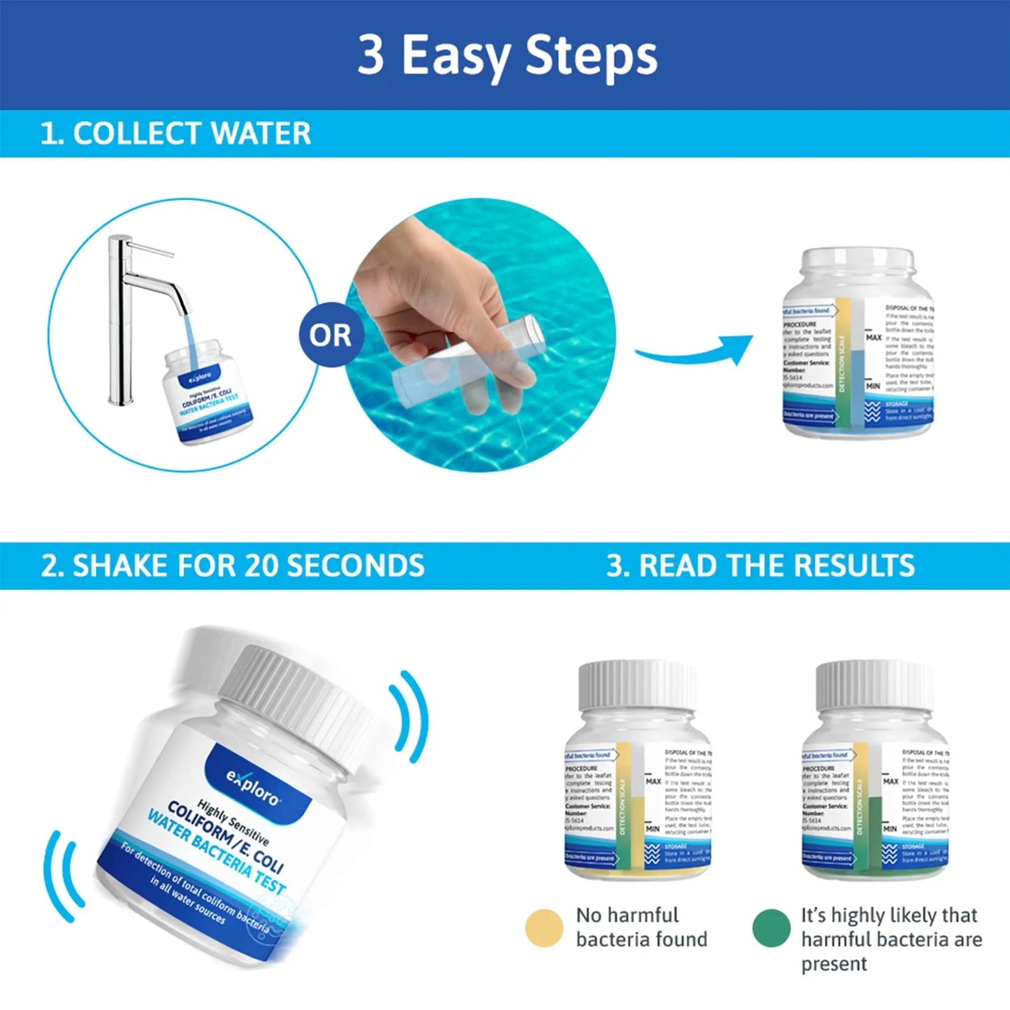 Exploro® Bacteria Water Test Kit, Pond Water Test Kit, Pool Water Testing Kit, Water Testing Kits for Drinking Water for Coliform (E. coli), EPA Approved Pool Test Kit (1 Pack) - Maple Wellness Supplements