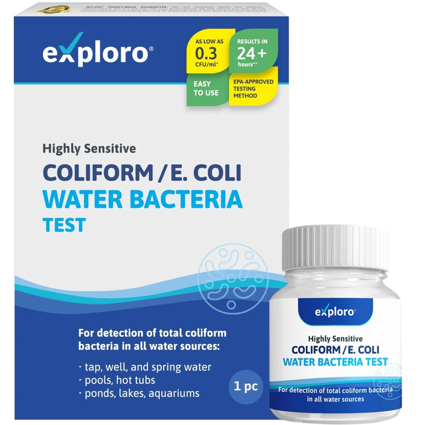Exploro® Bacteria Water Test Kit, Pond Water Test Kit, Pool Water Testing Kit, Water Testing Kits for Drinking Water for Coliform (E. coli), EPA Approved Pool Test Kit (1 Pack) - Maple Wellness Supplements