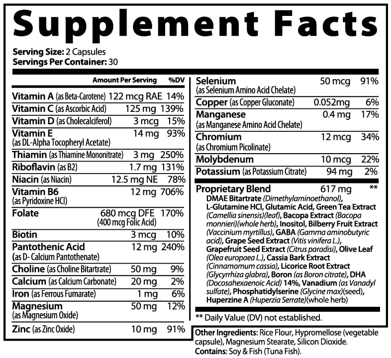 EXUVITAL Brain & Focus Formula, Veggie Capsules, 60 Count, Nootropic Supplement with Vitamins, Minerals and Proprietary Blend for Clarity, Memory, Cognition and Mental Focus - Maple Wellness Supplements