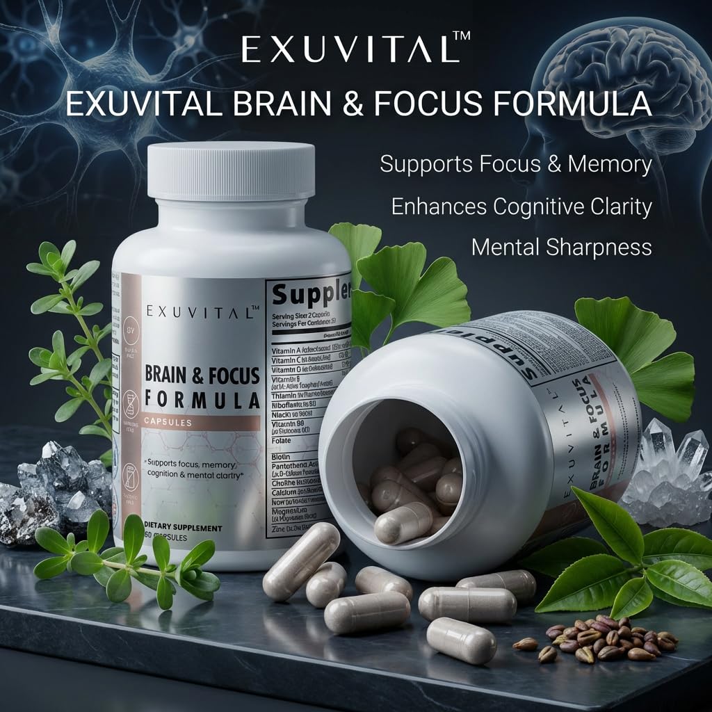 EXUVITAL Brain & Focus Formula, Veggie Capsules, 60 Count, Nootropic Supplement with Vitamins, Minerals and Proprietary Blend for Clarity, Memory, Cognition and Mental Focus - Maple Wellness Supplements