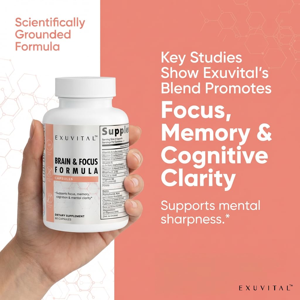 EXUVITAL Brain & Focus Formula, Veggie Capsules, 60 Count, Nootropic Supplement with Vitamins, Minerals and Proprietary Blend for Clarity, Memory, Cognition and Mental Focus - Maple Wellness Supplements