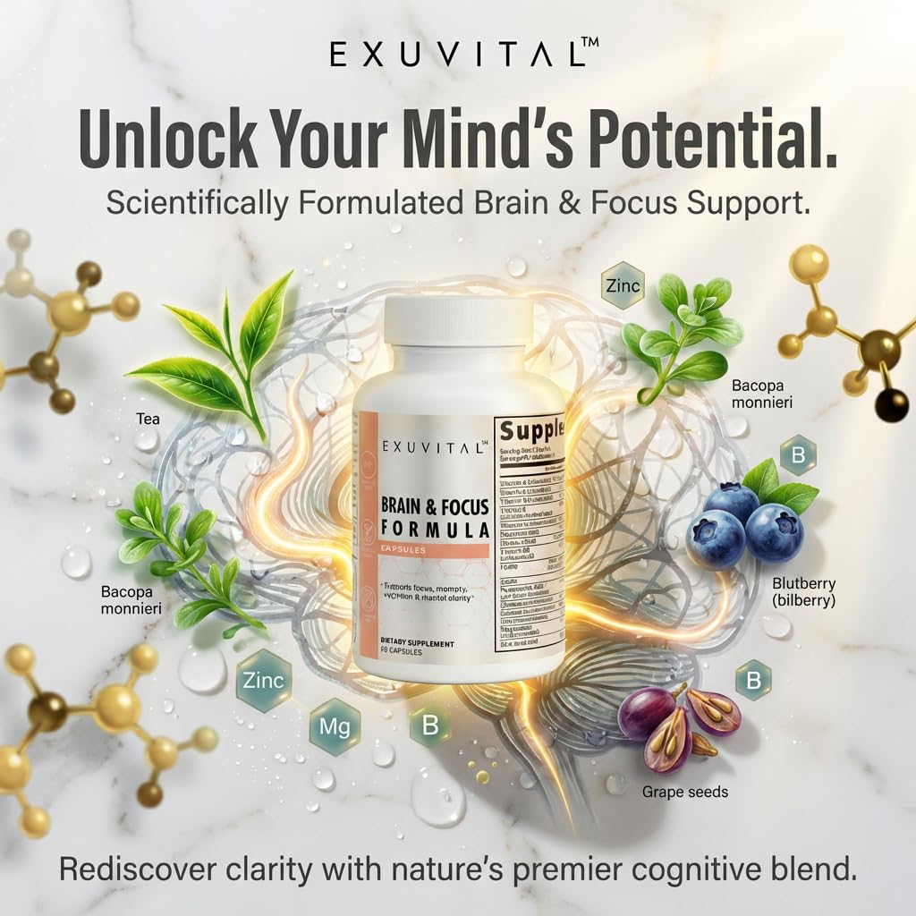 EXUVITAL Brain & Focus Formula, Veggie Capsules, 60 Count, Nootropic Supplement with Vitamins, Minerals and Proprietary Blend for Clarity, Memory, Cognition and Mental Focus - Maple Wellness Supplements
