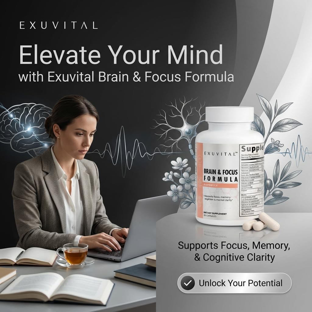 EXUVITAL Brain & Focus Formula, Veggie Capsules, 60 Count, Nootropic Supplement with Vitamins, Minerals and Proprietary Blend for Clarity, Memory, Cognition and Mental Focus - Maple Wellness Supplements